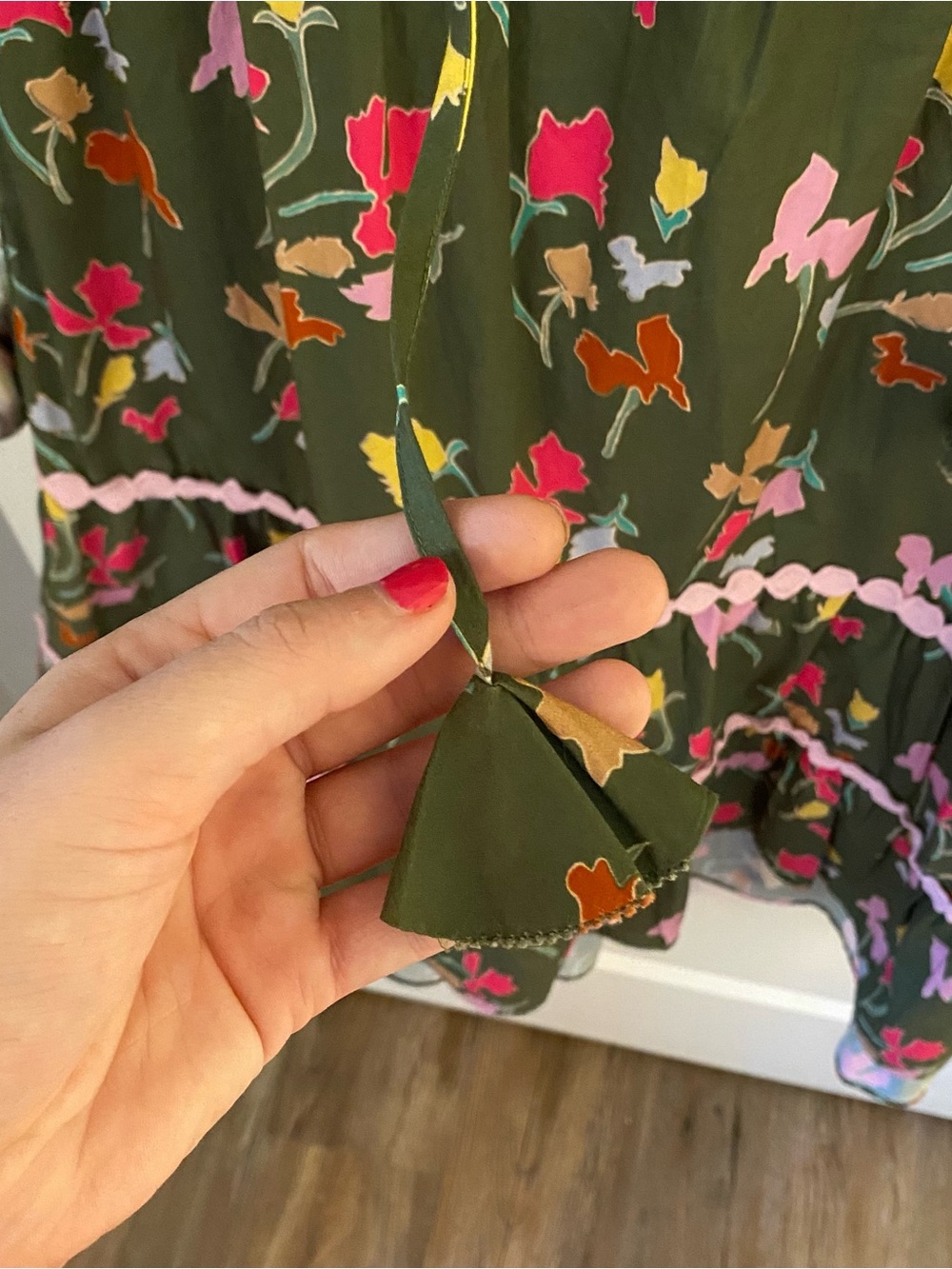 CROSBY by Mollie Burch Olive Floral Ruffle Dress with Pink Scallop Trim - Picture 7 of 8